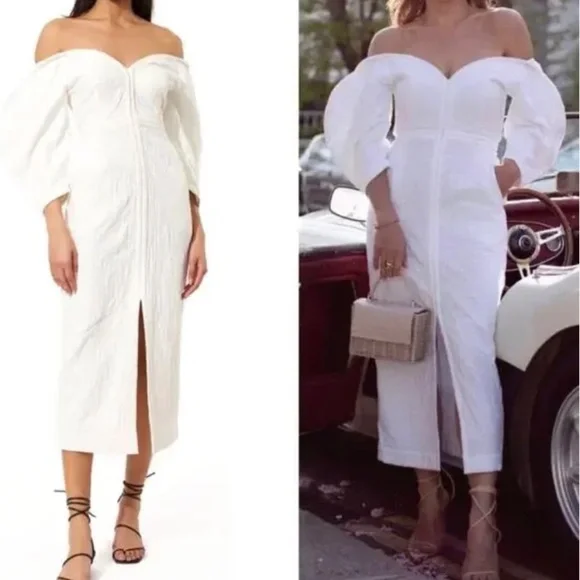 Mara Hoffman Leonara Off the Shoulder Ivory/White Linen Midi Dress Size 10 - Picture 1 of 4